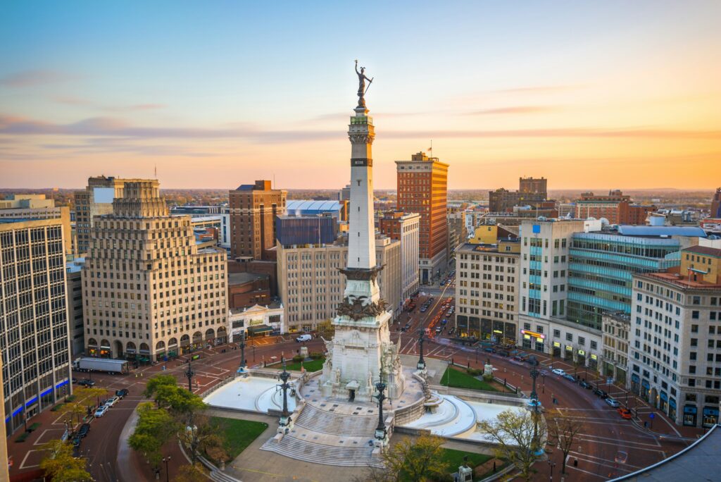 Indianapolis skyline with Monument Circle in the foreground, highlighting the central opportunities for dental practice transitions with Legacy Practice Transitions in Indiana.